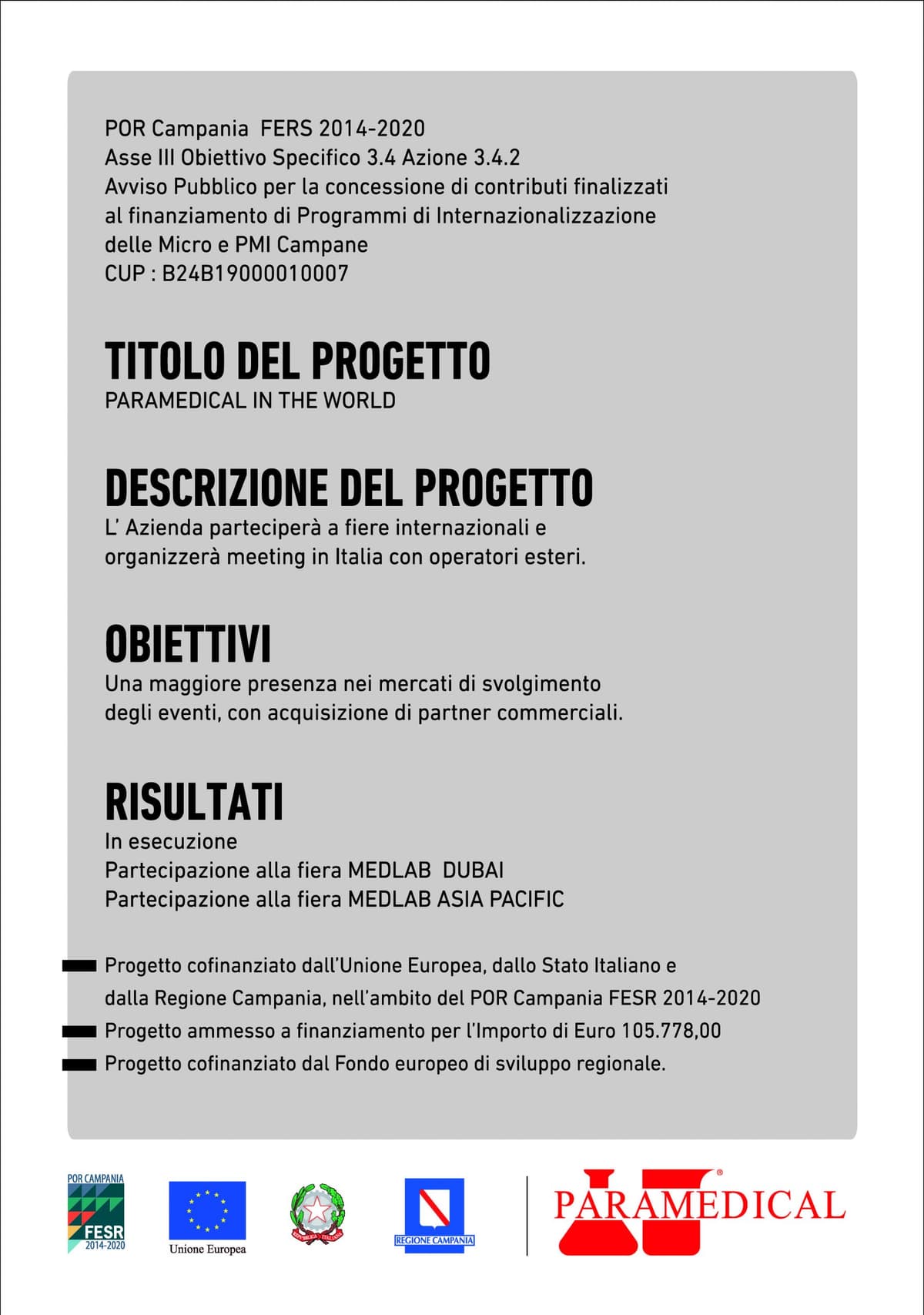 Pannello informativo del progetto POR Campania FESR 2014-2020 realizzato da Paramedical