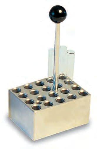 Blocco in alluminio per provette cilindriche Ø 10 mm (20 fori) – per provette Ø 10 mm; 20 fori Ø 10,5 mm
